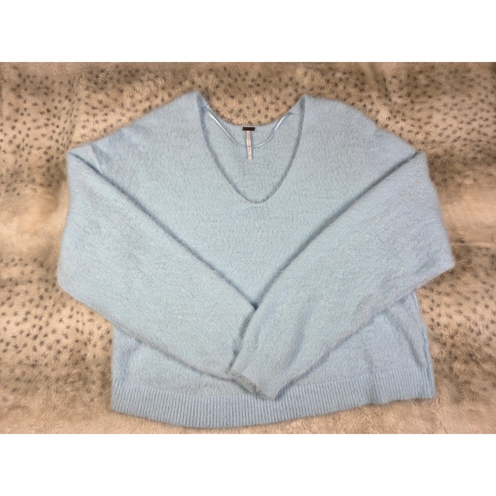 Free People Princess V-Neck Sweater S Baby Blue Fuzzy Oversized Super Soft Knit